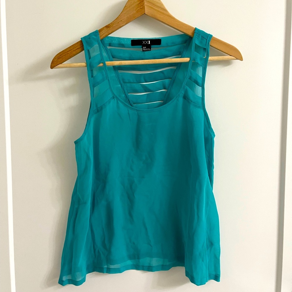 Teal, sheer/transparent top with ladder detailing on back